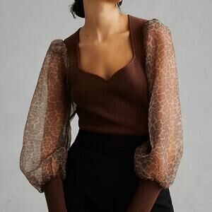 Anthropologie Dolan Leopard Print Sheer Puff Sleeve V-Neck Sweater Brown XL